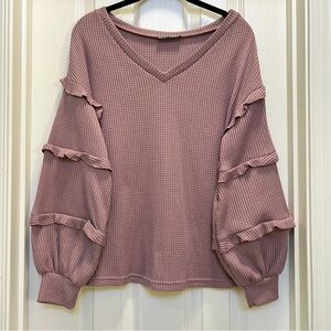 Pink Waffle Knit V-Neck Sweater with Ruffle Detail Bell Sleeve | Small | NWOT